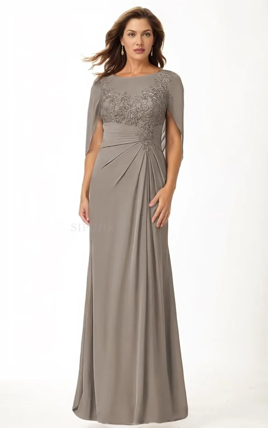 SIPUHK Lace Applique Mother of The Bride Dresses with Cape Pleated Chiffon Bat Sleeve Formal Gowns for Women Wedding Guest