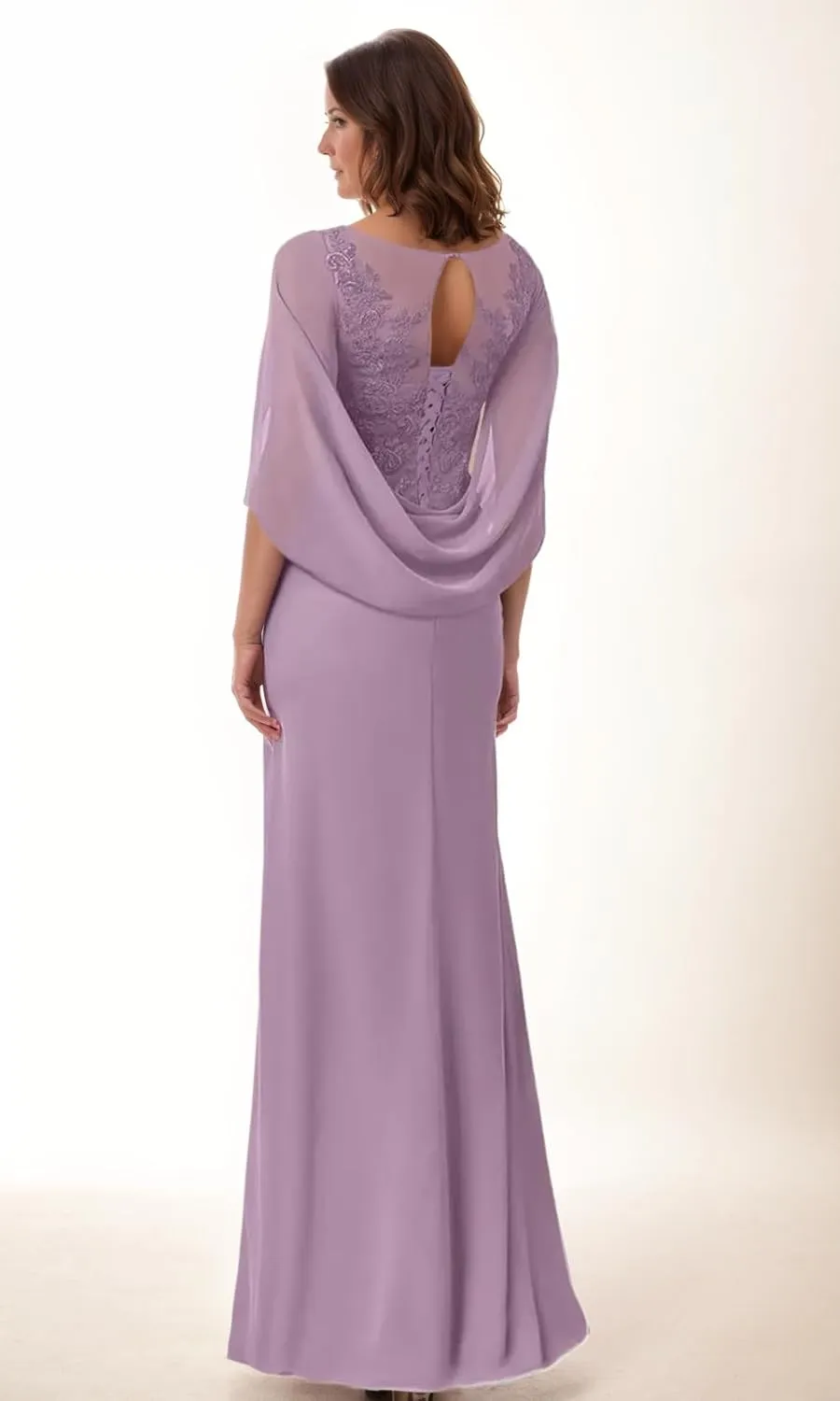 SIPUHK Lace Applique Mother of The Bride Dresses with Cape Pleated Chiffon Bat Sleeve Formal Gowns for Women Wedding Guest