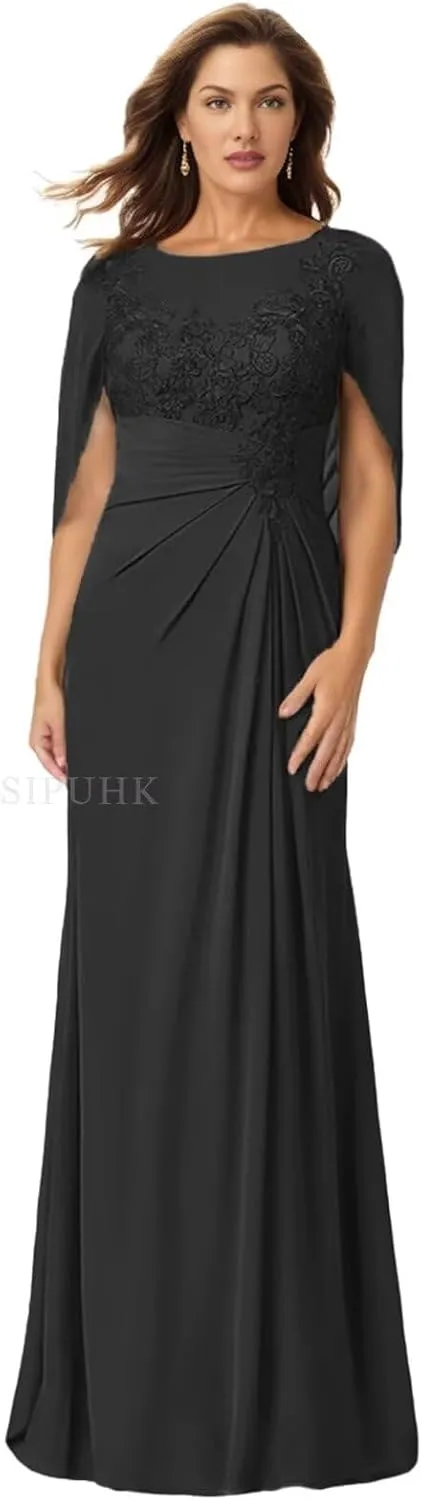 SIPUHK Lace Applique Mother of The Bride Dresses with Cape Pleated Chiffon Bat Sleeve Formal Gowns for Women Wedding Guest