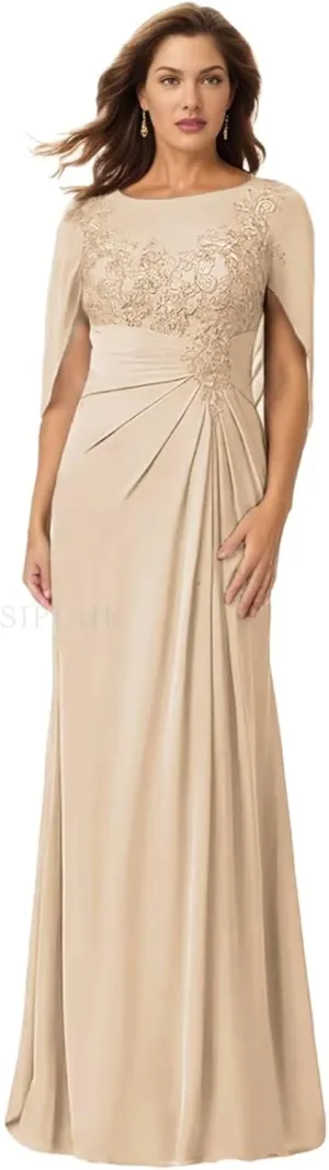 SIPUHK Lace Applique Mother of The Bride Dresses with Cape Pleated Chiffon Bat Sleeve Formal Gowns for Women Wedding Guest