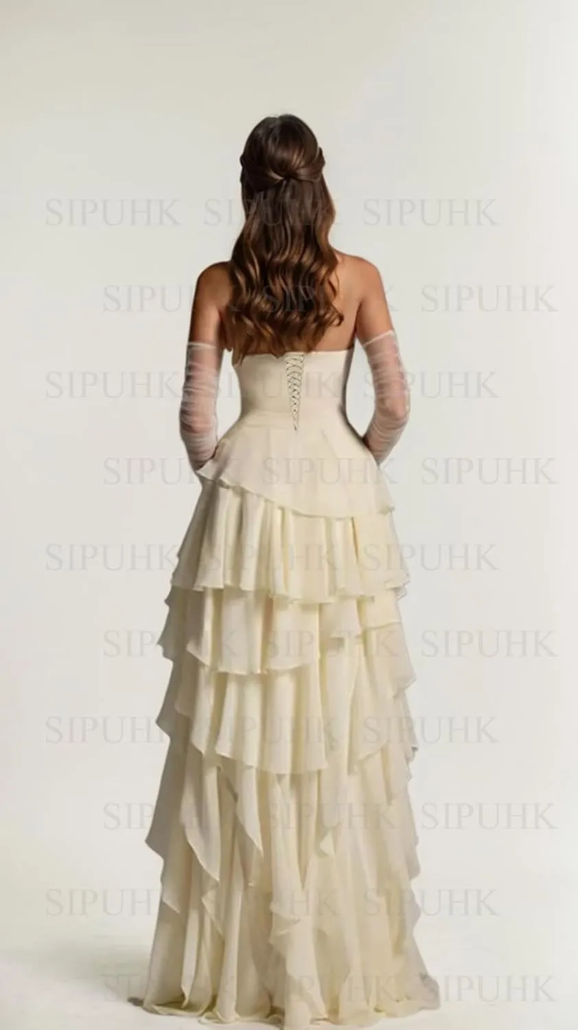 SIPUHK Strapless Bridesmaid Dresses for Wedding Ruffle Tiered Chiffon Prom Dress Long Formal Evening Gowns for Women
