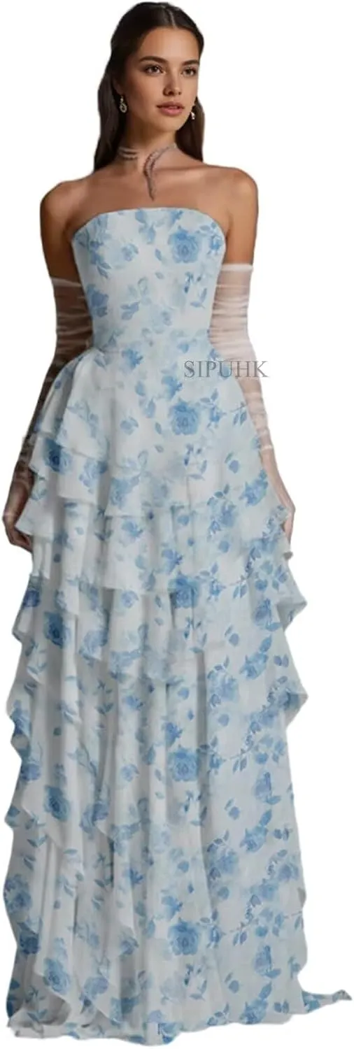SIPUHK Strapless Bridesmaid Dresses for Wedding Ruffle Tiered Chiffon Prom Dress Long Formal Evening Gowns for Women