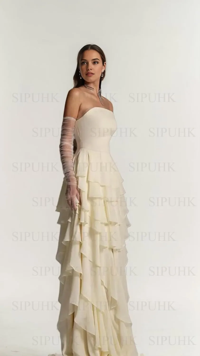 SIPUHK Strapless Bridesmaid Dresses for Wedding Ruffle Tiered Chiffon Prom Dress Long Formal Evening Gowns for Women