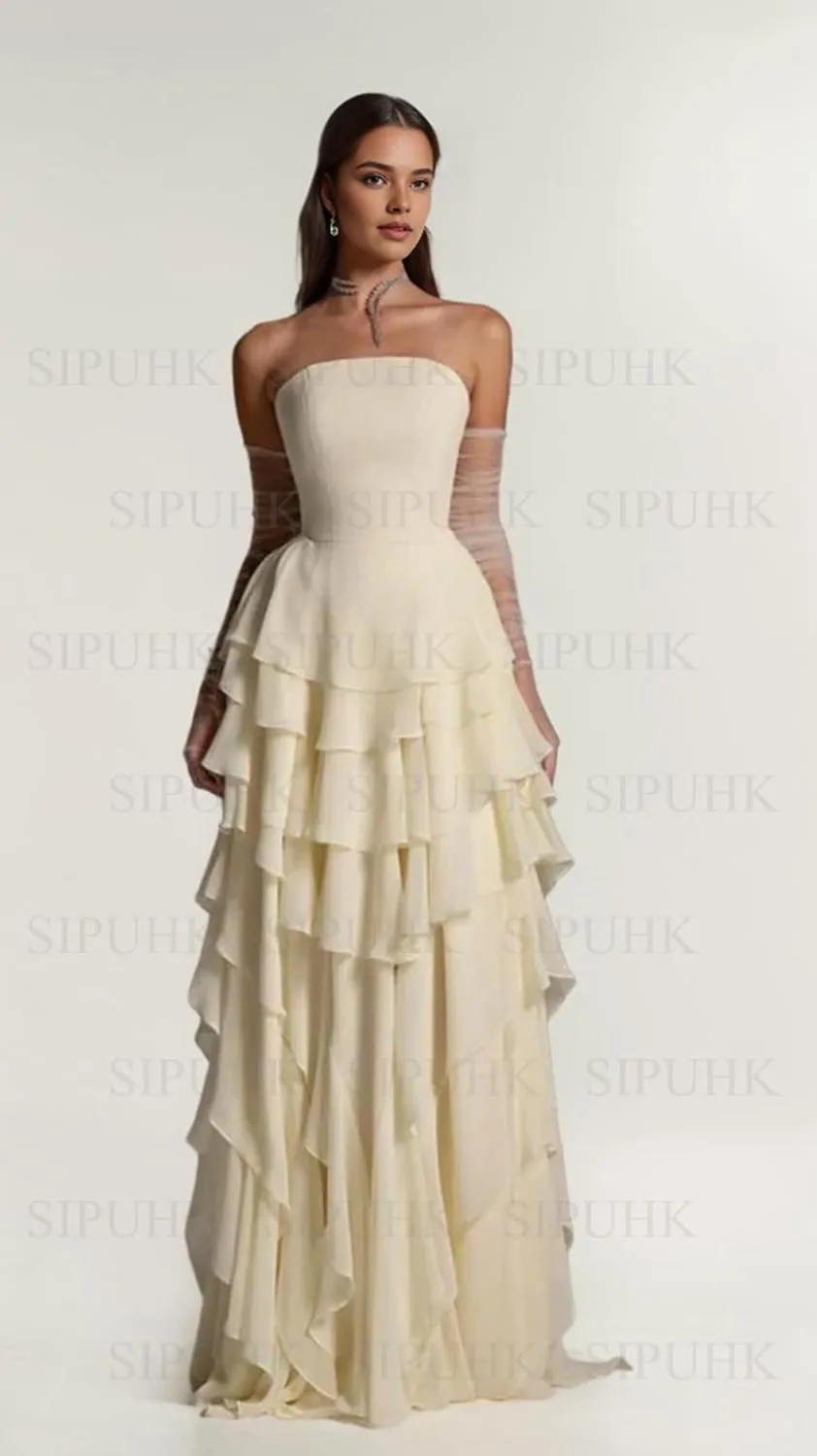 SIPUHK Strapless Bridesmaid Dresses for Wedding Ruffle Tiered Chiffon Prom Dress Long Formal Evening Gowns for Women