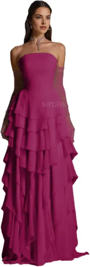 SIPUHK Strapless Bridesmaid Dresses for Wedding Ruffle Tiered Chiffon Prom Dress Long Formal Evening Gowns for Women