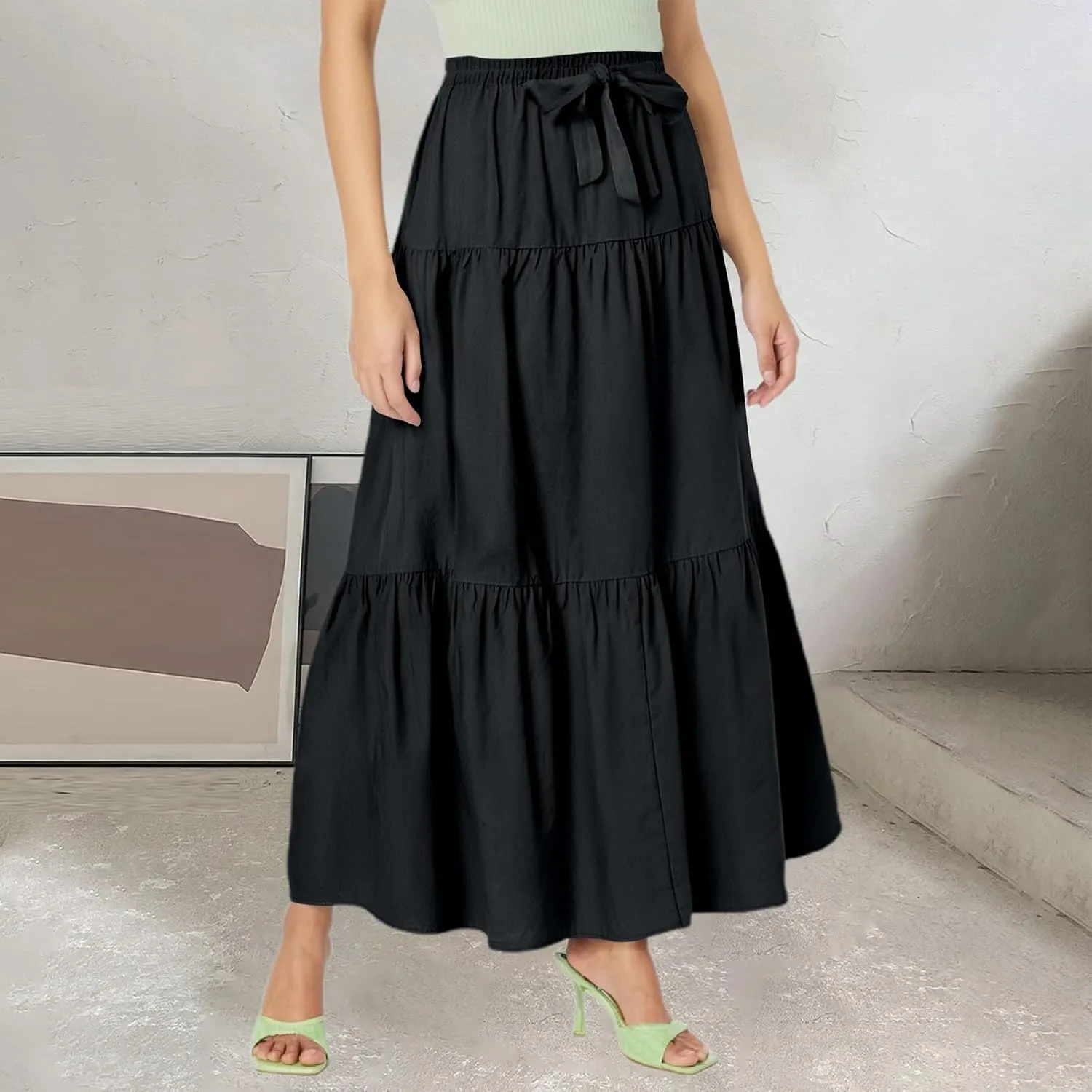 Skirts for Women Midi Length Elastic Tie Waist Swing Tiered A-Line Flowy Pleated Boho Beach Vacation Long Skirt Dress