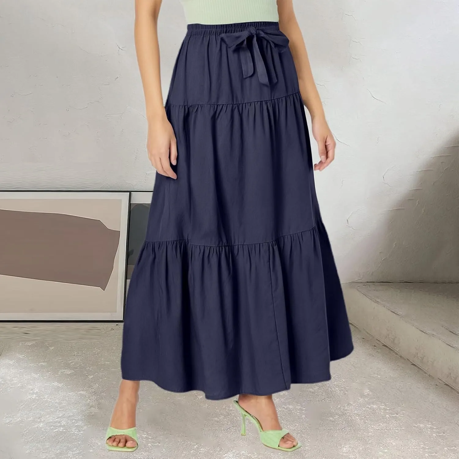 Skirts for Women Midi Length Elastic Tie Waist Swing Tiered A-Line Flowy Pleated Boho Beach Vacation Long Skirt Dress