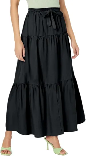 Skirts for Women Midi Length Elastic Tie Waist Swing Tiered A-Line Flowy Pleated Boho Beach Vacation Long Skirt Dress
