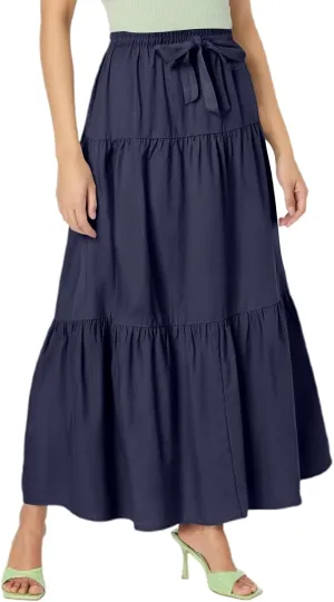 Skirts for Women Midi Length Elastic Tie Waist Swing Tiered A-Line Flowy Pleated Boho Beach Vacation Long Skirt Dress