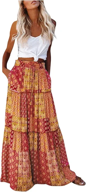 Skirts for Women Summer Casual Elastic High Waist Floral Paisley Boho Long Maxi