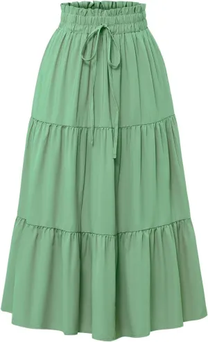 Skirts for Women Summer Drawstring High Waist Midi Skirt Loose Aline Solid Color Tiered Ruffle Knee Length Skirt
