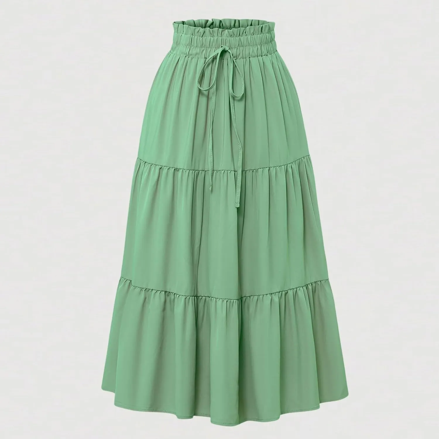 Skirts for Women Summer Drawstring High Waist Midi Skirt Loose Aline Solid Color Tiered Ruffle Knee Length Skirt