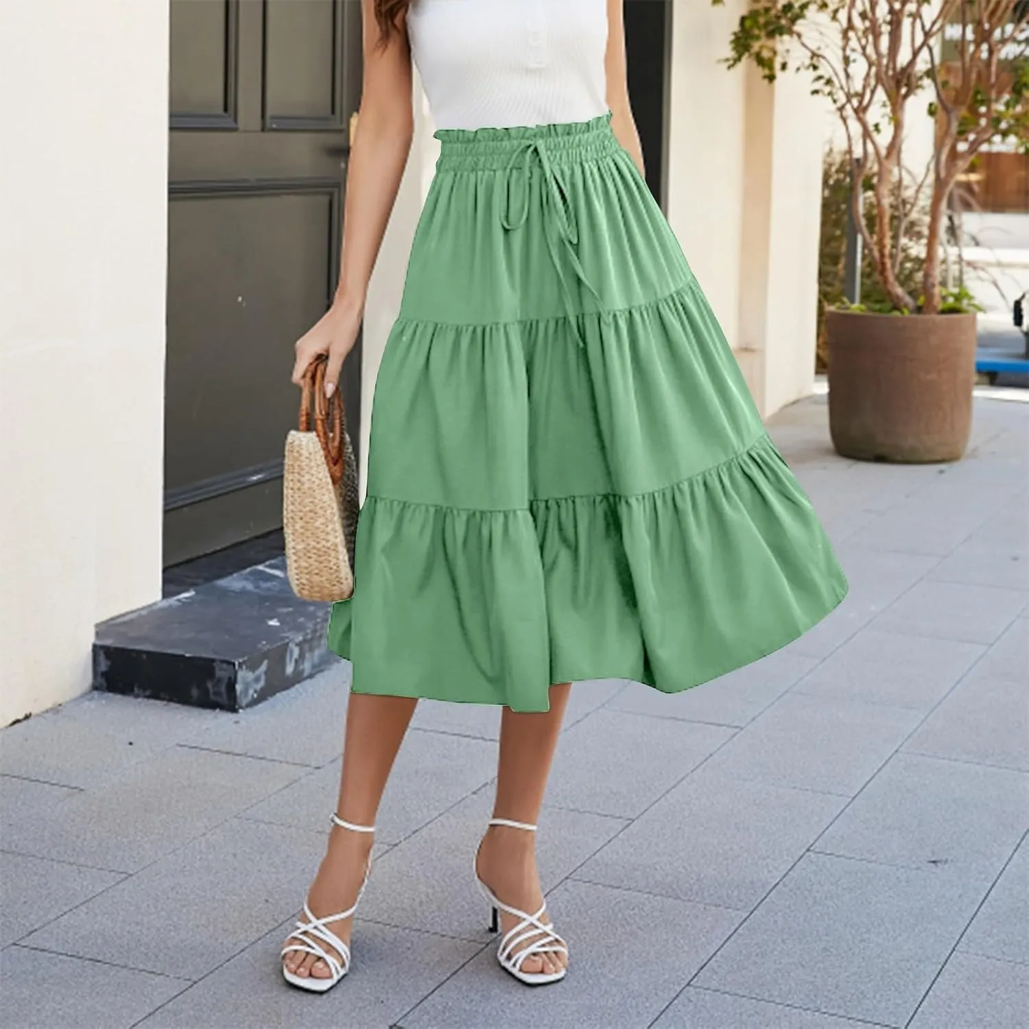 Skirts for Women Summer Drawstring High Waist Midi Skirt Loose Aline Solid Color Tiered Ruffle Knee Length Skirt