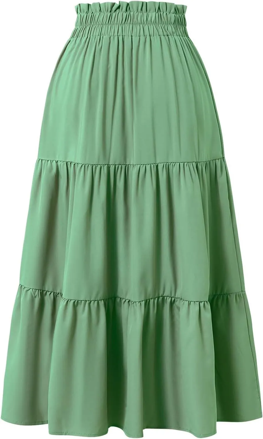 Skirts for Women Summer Drawstring High Waist Midi Skirt Loose Aline Solid Color Tiered Ruffle Knee Length Skirt