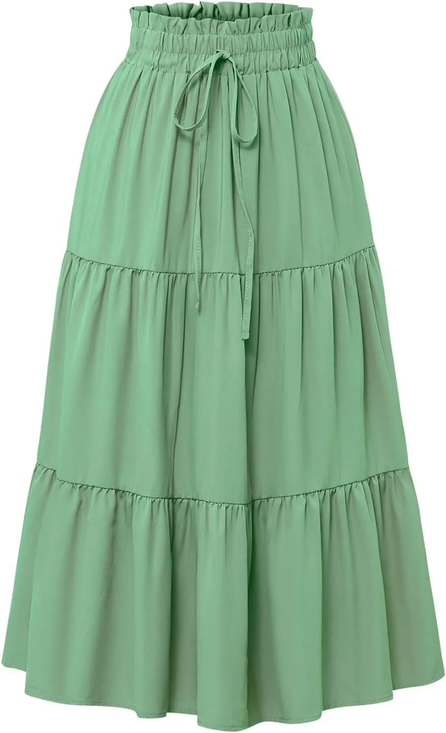 Skirts for Women Summer Drawstring High Waist Midi Skirt Loose Aline Solid Color Tiered Ruffle Knee Length Skirt
