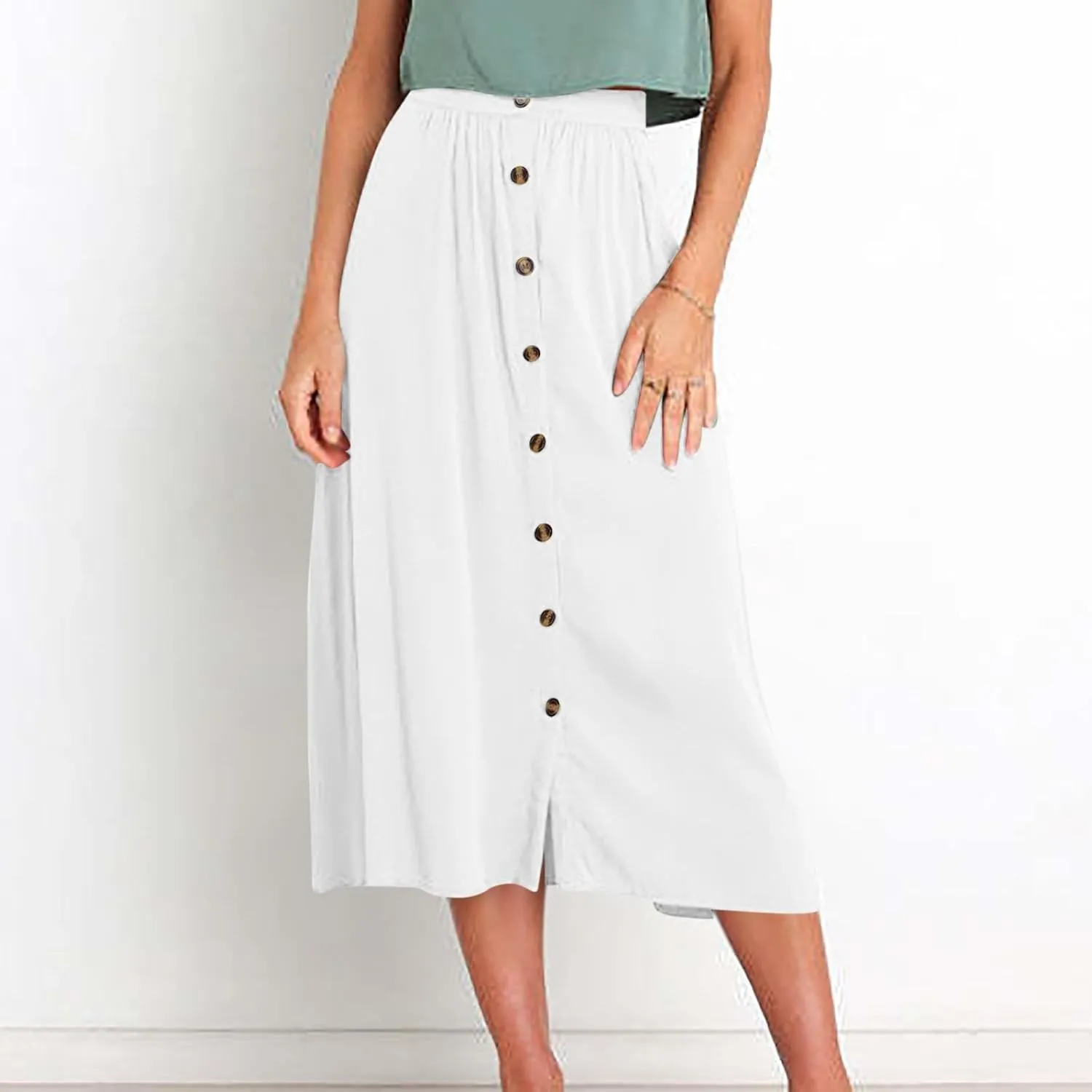 Skirts for Women Summer High Waisted Button Down Front Skirt with Pockets Casual Vintage Swing Flowy A-Line Skirts