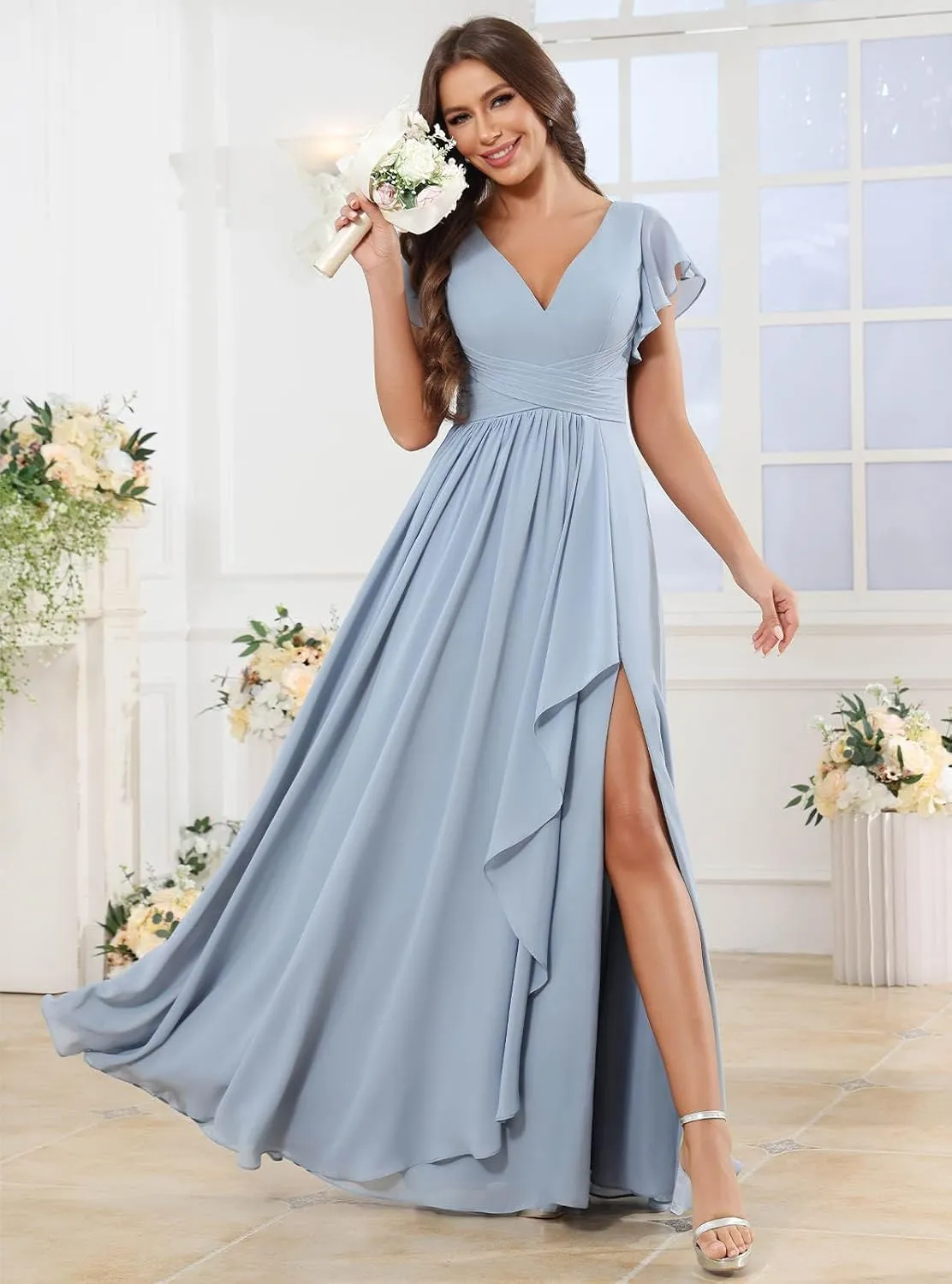SOLODISH Chiffon Bridesmaid Dresses with Sleeves A Line Pleated Formal Evening Party Gown with Slit
