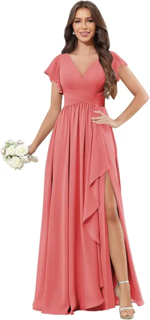 SOLODISH Chiffon Bridesmaid Dresses with Sleeves A Line Pleated Formal Evening Party Gown with Slit
