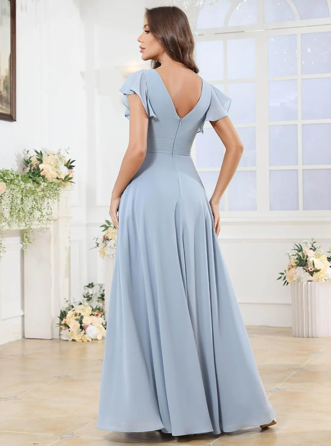 SOLODISH Chiffon Bridesmaid Dresses with Sleeves A Line Pleated Formal Evening Party Gown with Slit