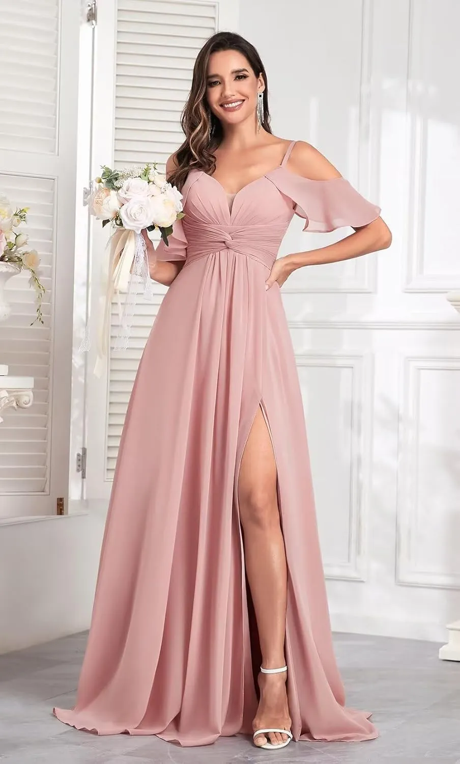 SOLODISH Chiffon Bridesmaid Dresses with Sleeves Pleated A Line Formal Evening Gown