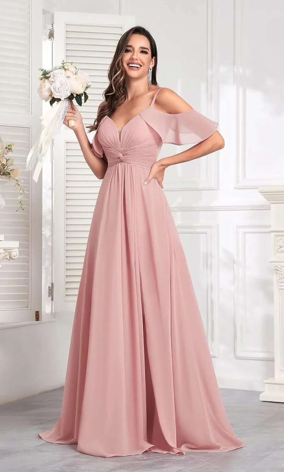 SOLODISH Chiffon Bridesmaid Dresses with Sleeves Pleated A Line Formal Evening Gown