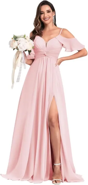 SOLODISH Chiffon Bridesmaid Dresses with Sleeves Pleated A Line Formal Evening Gown