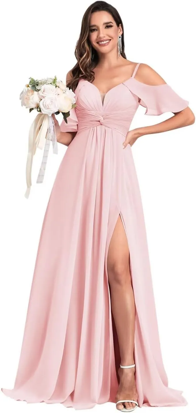 SOLODISH Chiffon Bridesmaid Dresses with Sleeves Pleated A Line Formal Evening Gown