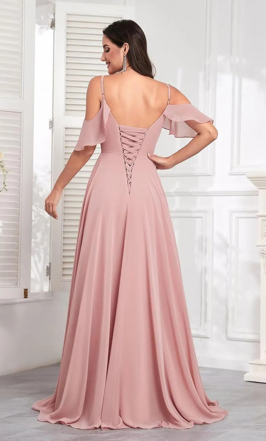 SOLODISH Chiffon Bridesmaid Dresses with Sleeves Pleated A Line Formal Evening Gown