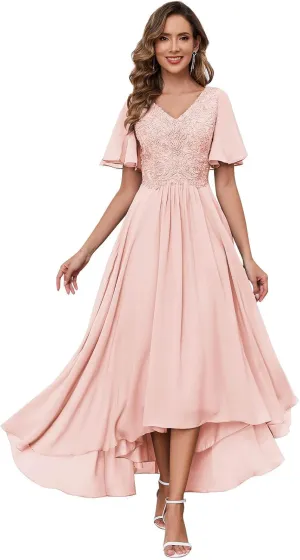 SOLODISH Lace Applique Mother of The Bride Dresses for Wedding Tea Length Formal Evening Party Gown