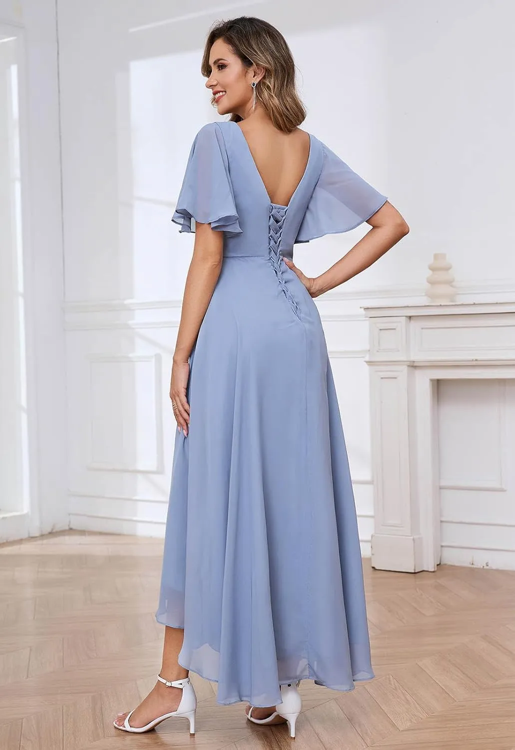 SOLODISH Lace Applique Mother of The Bride Dresses for Wedding Tea Length Formal Evening Party Gown