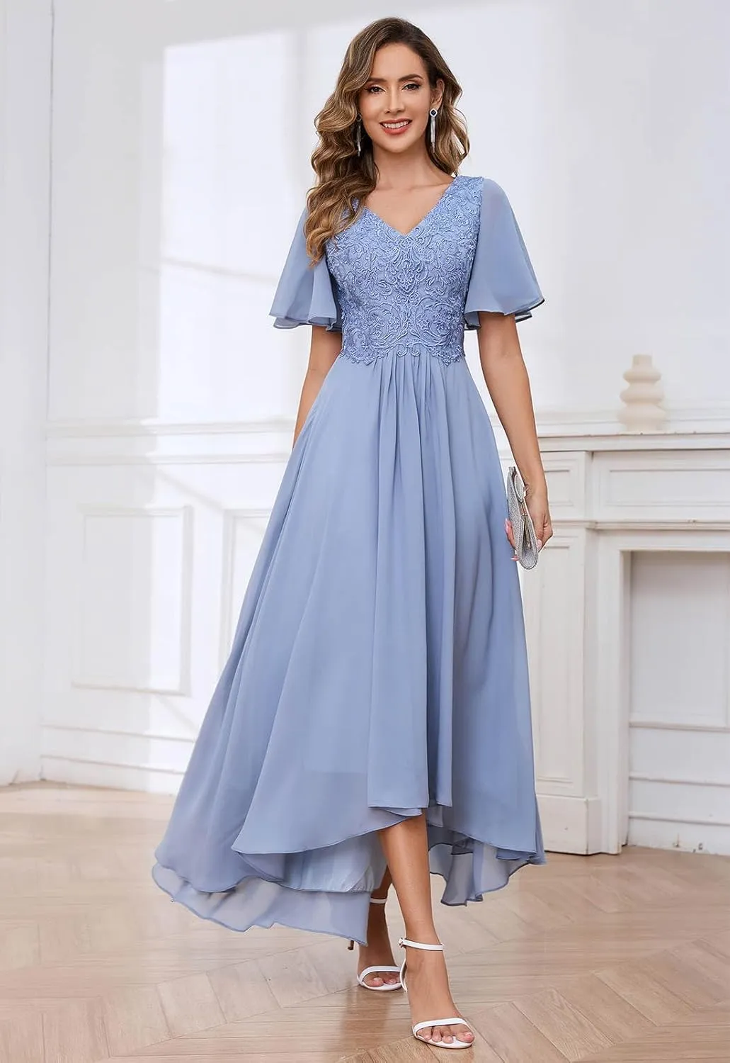 SOLODISH Lace Applique Mother of The Bride Dresses for Wedding Tea Length Formal Evening Party Gown