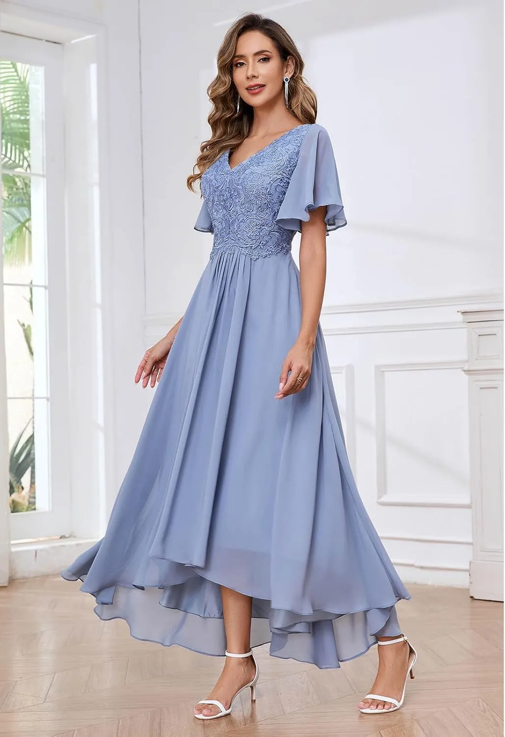 SOLODISH Lace Applique Mother of The Bride Dresses for Wedding Tea Length Formal Evening Party Gown