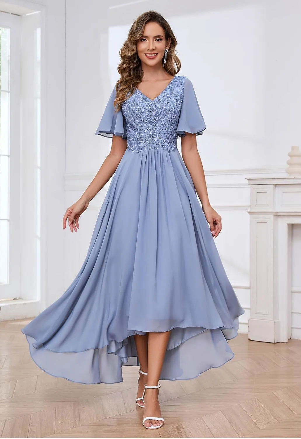 SOLODISH Lace Applique Mother of The Bride Dresses for Wedding Tea Length Formal Evening Party Gown
