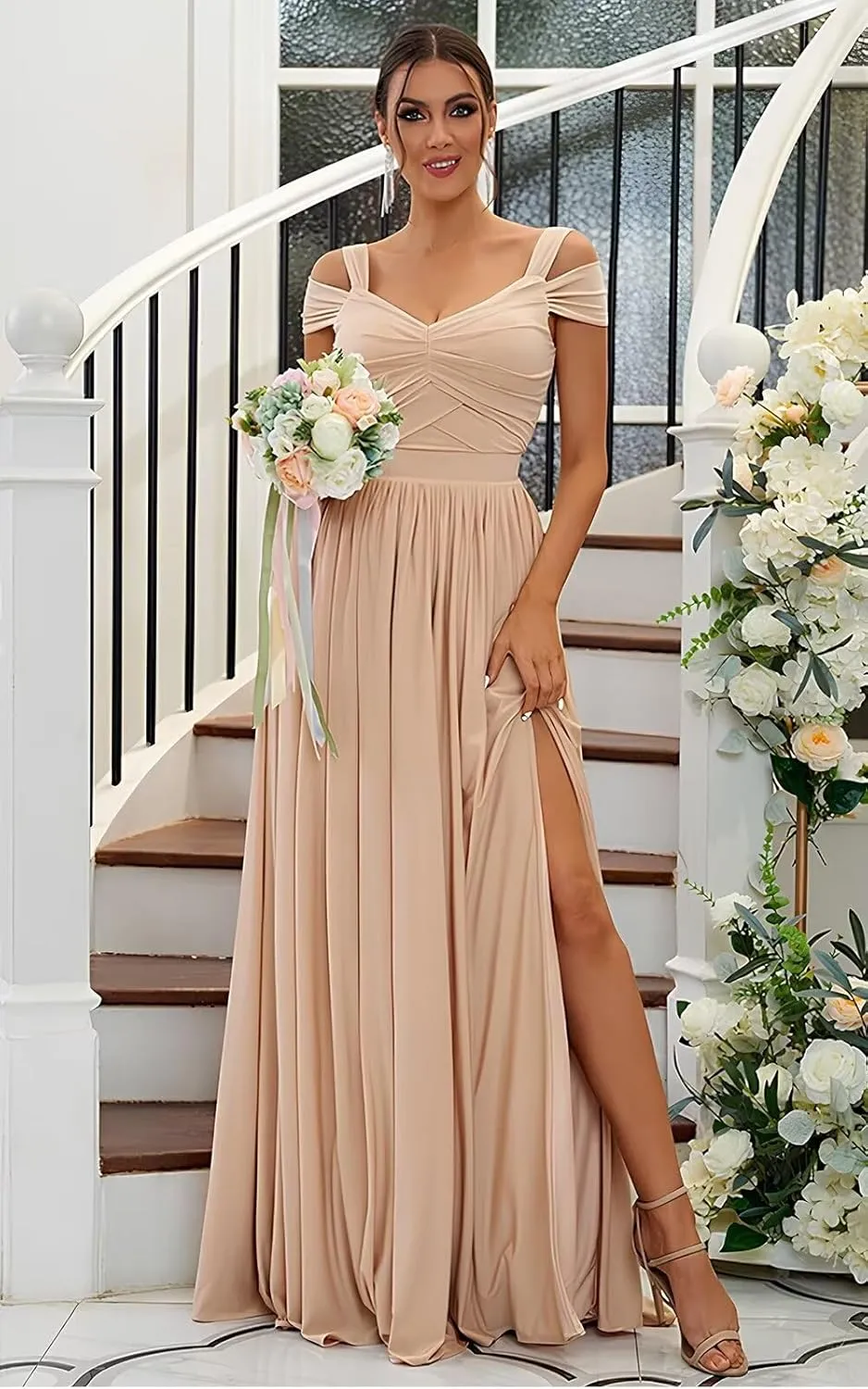 SOLODISH Off The Shoulder Bridesmaid Dresses Long for Women Chiffon Formal Evening Party Gown with Slit