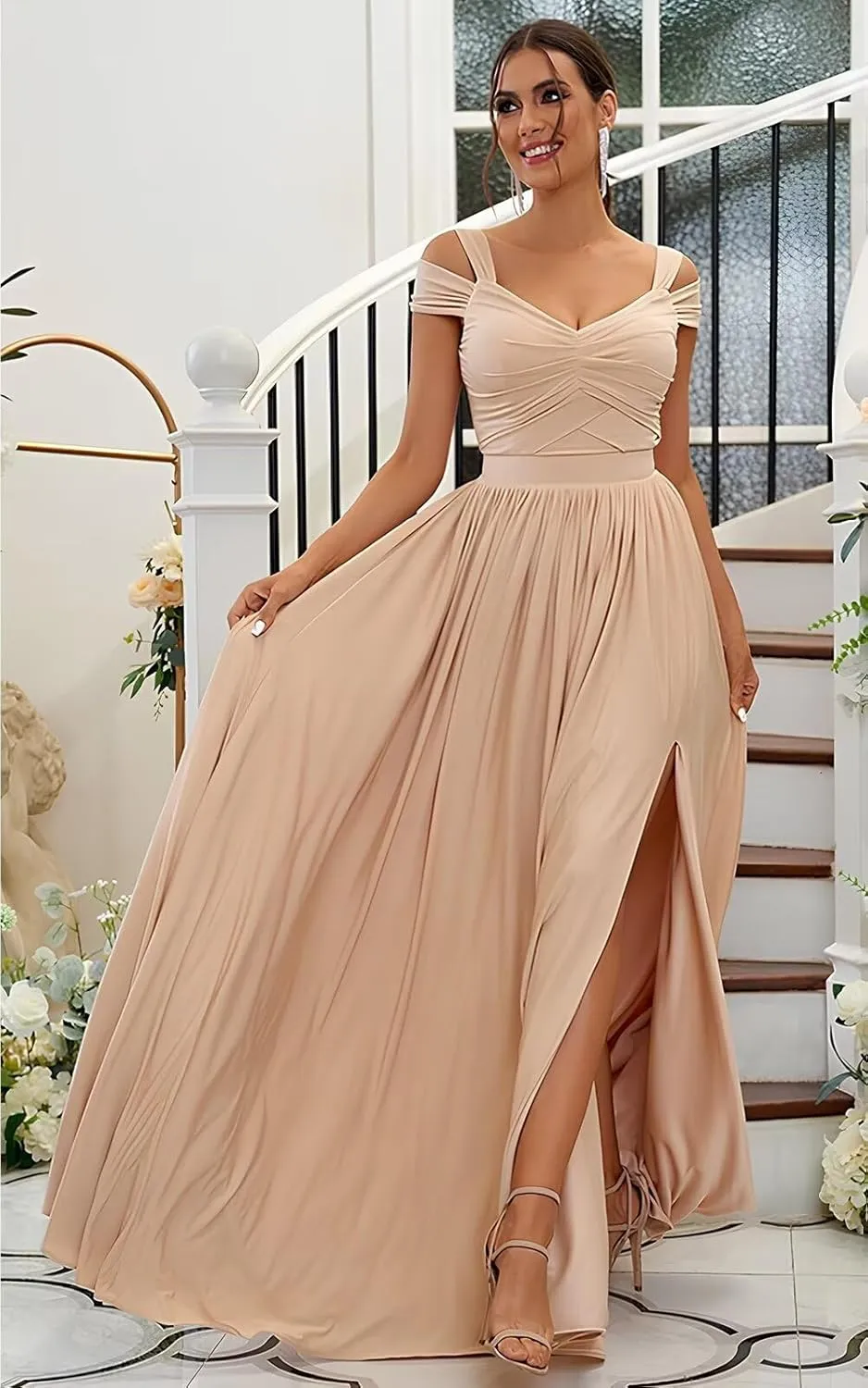 SOLODISH Off The Shoulder Bridesmaid Dresses Long for Women Chiffon Formal Evening Party Gown with Slit