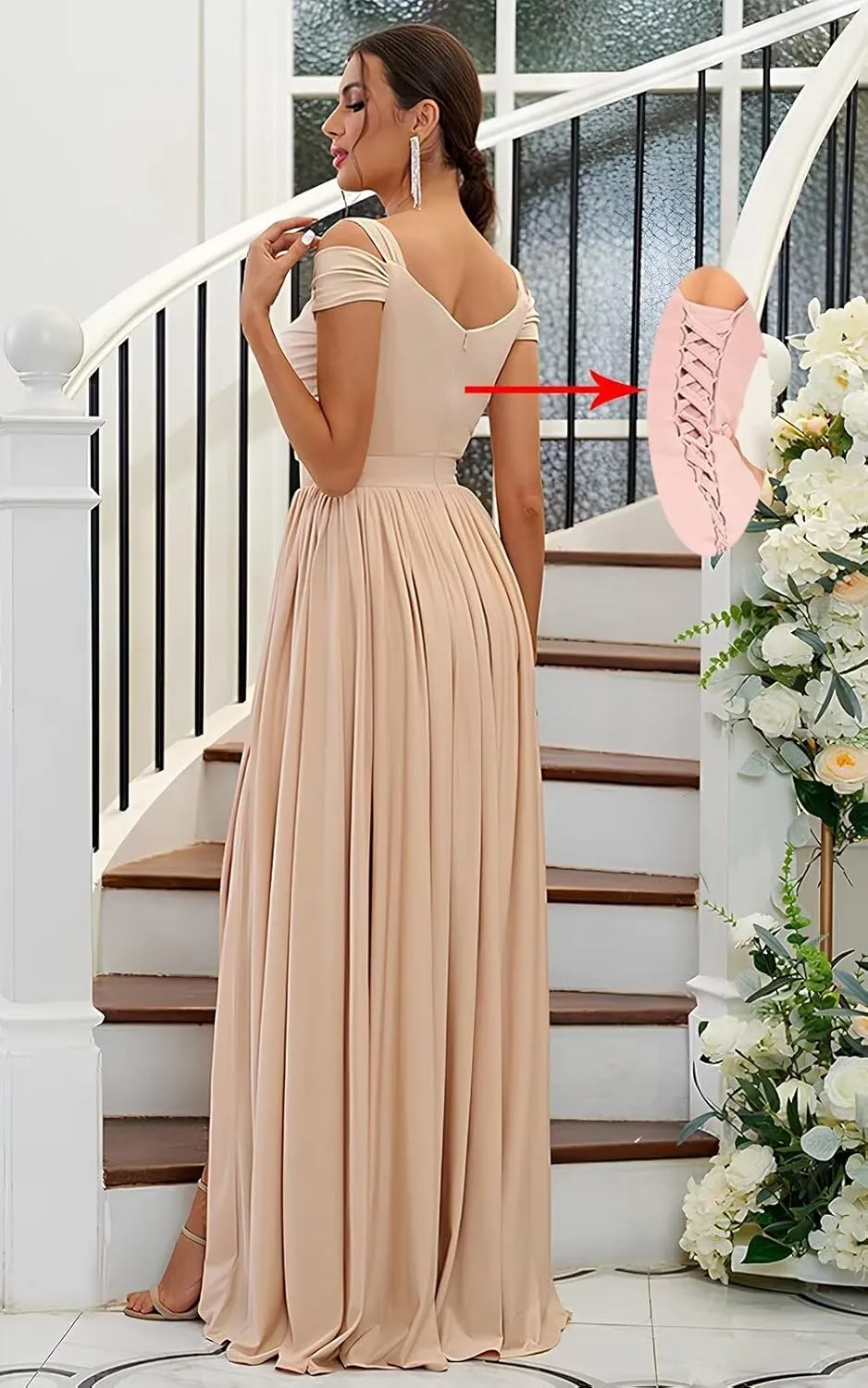 SOLODISH Off The Shoulder Bridesmaid Dresses Long for Women Chiffon Formal Evening Party Gown with Slit