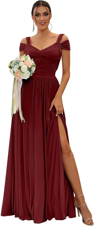 SOLODISH Off The Shoulder Bridesmaid Dresses Long for Women Chiffon Formal Evening Party Gown with Slit