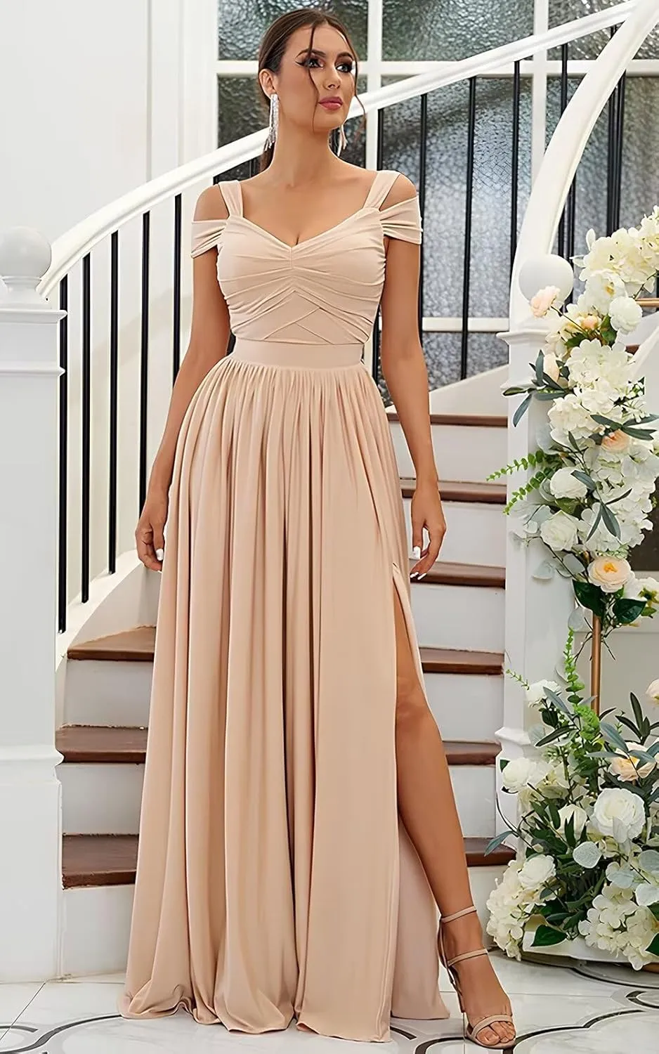 SOLODISH Off The Shoulder Bridesmaid Dresses Long for Women Chiffon Formal Evening Party Gown with Slit