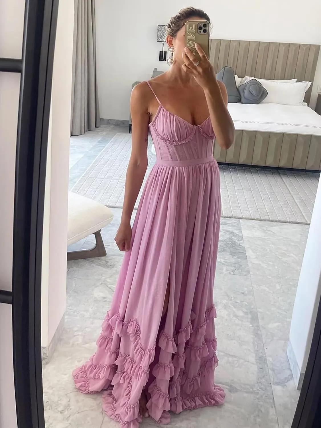 Spaghetti Straps Ruffles Prom Dresses for Women 2025 Chiffon Pleated V Neck A Line Formal Evening Gown with Slit