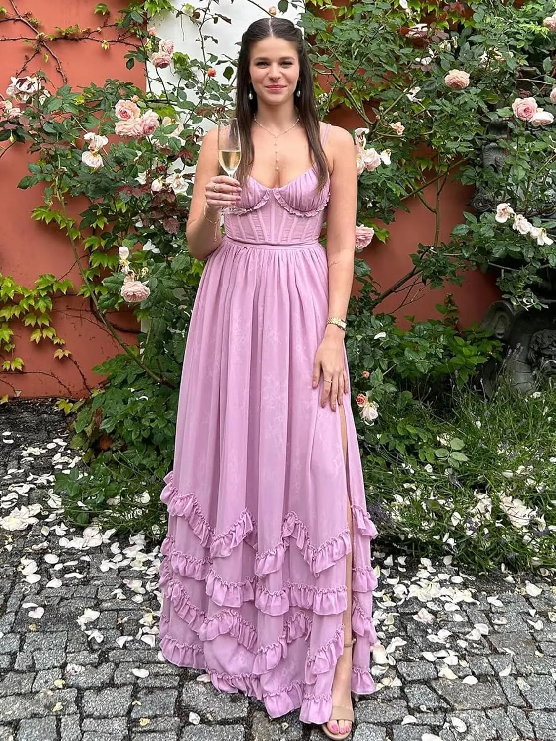 Spaghetti Straps Ruffles Prom Dresses for Women 2025 Chiffon Pleated V Neck A Line Formal Evening Gown with Slit