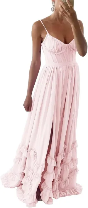 Spaghetti Straps Ruffles Prom Dresses for Women 2025 Chiffon Pleated V Neck A Line Formal Evening Gown with Slit