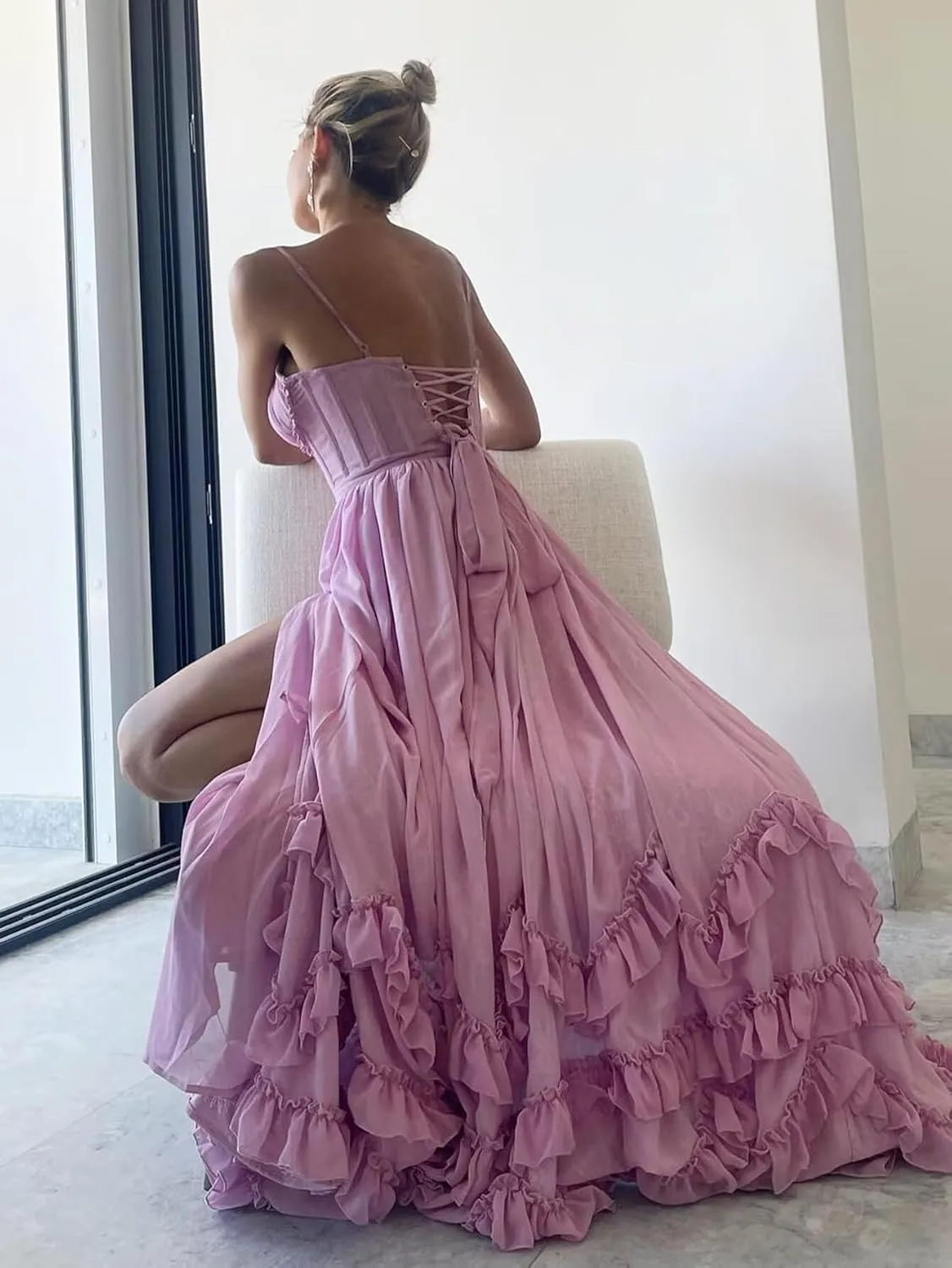 Spaghetti Straps Ruffles Prom Dresses for Women 2025 Chiffon Pleated V Neck A Line Formal Evening Gown with Slit