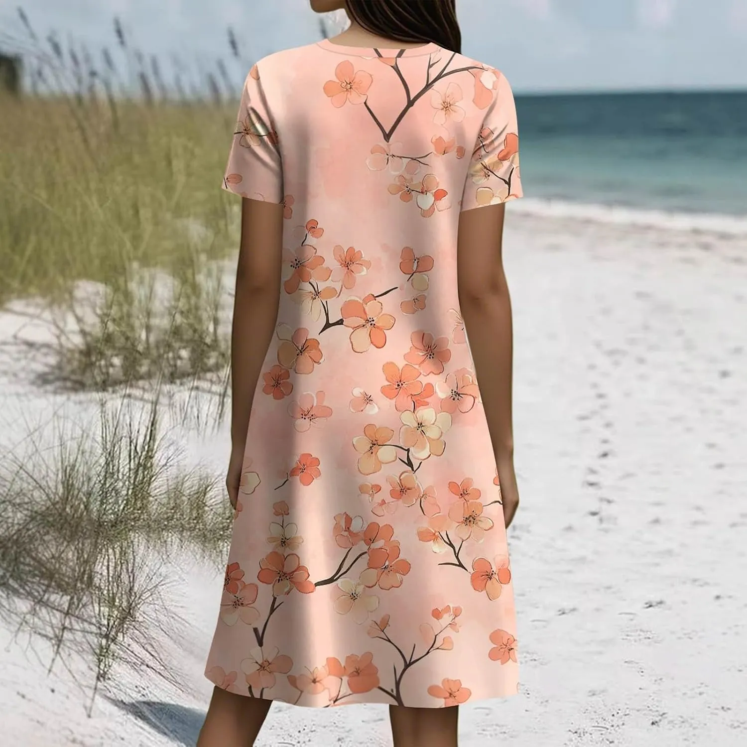 Spring Dresses for Women 2025 Trendy Graphic Printed Short Sleeve Scoop Neck Loose Bohomian Dress