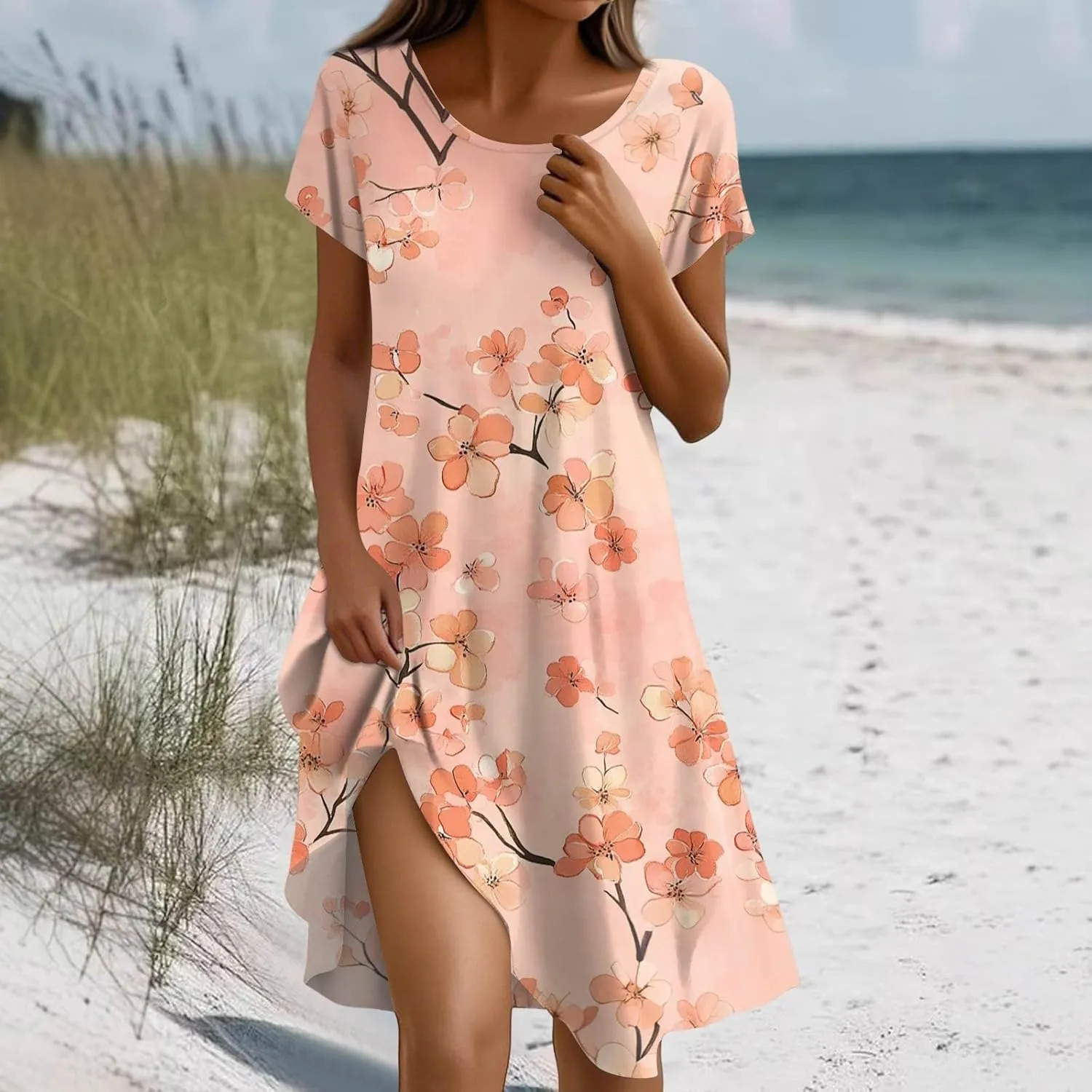 Spring Dresses for Women 2025 Trendy Graphic Printed Short Sleeve Scoop Neck Loose Bohomian Dress
