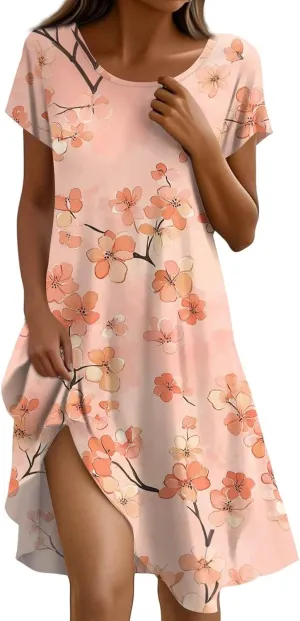 Spring Dresses for Women 2025 Trendy Graphic Printed Short Sleeve Scoop Neck Loose Bohomian Dress