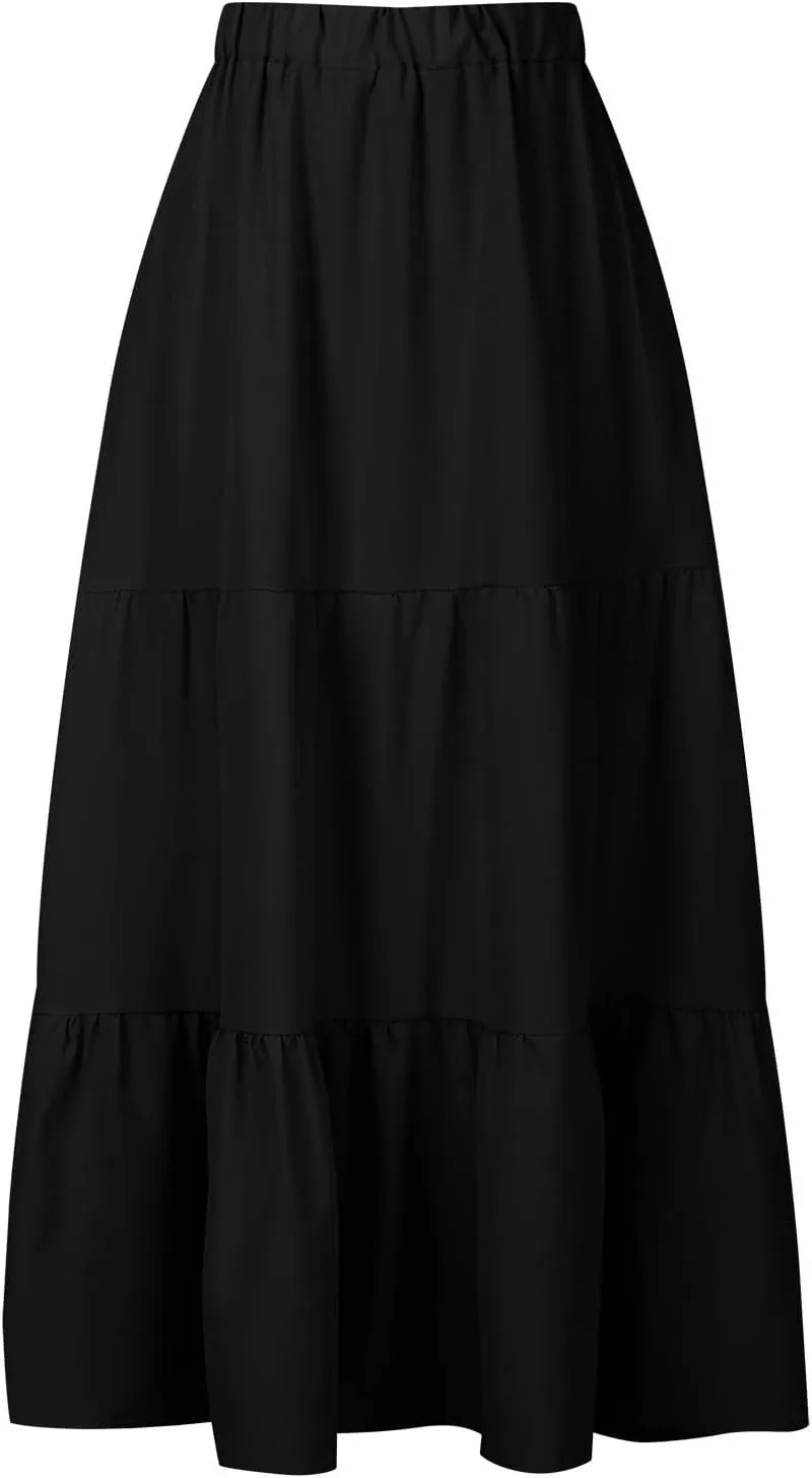 Spring Summer Boho Ruffle Skirts for Women Casual High Waist Maxi Skirt with Pocket, Ladies Bohemian Beach Skirt