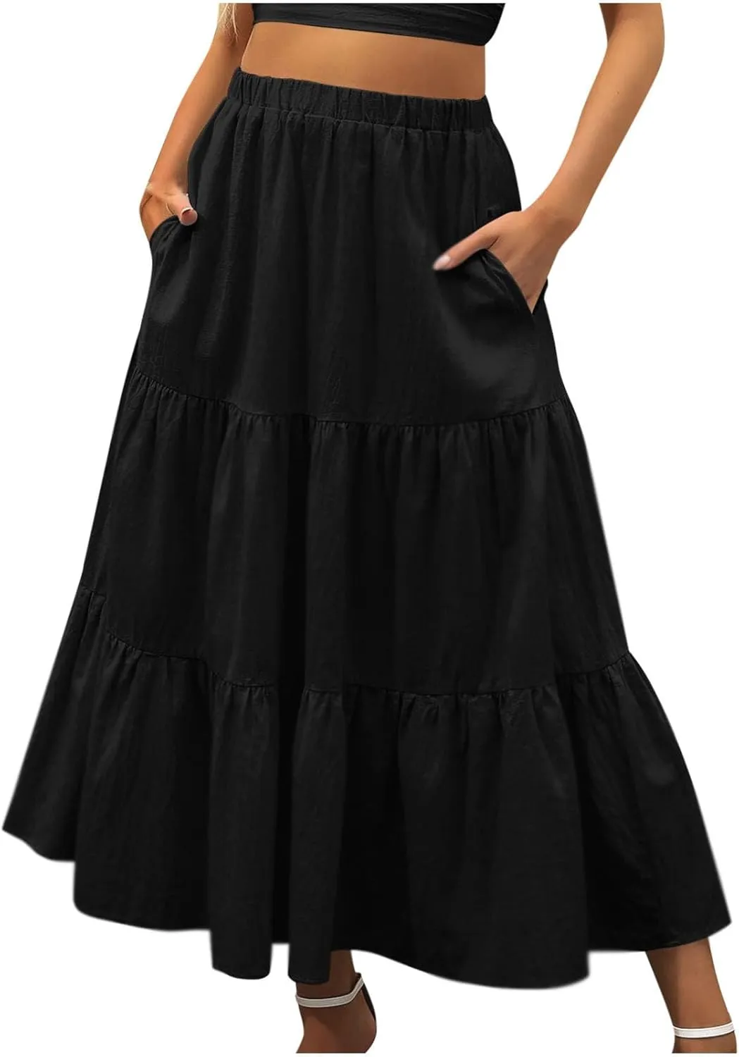 Spring Summer Boho Ruffle Skirts for Women Casual High Waist Maxi Skirt with Pocket, Ladies Bohemian Beach Skirt