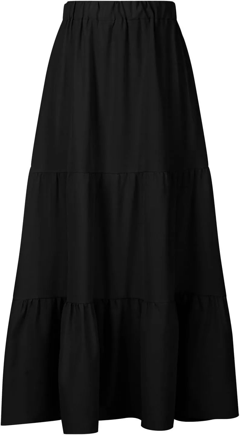 Spring Summer Boho Ruffle Skirts for Women Casual High Waist Maxi Skirt with Pocket, Ladies Bohemian Beach Skirt