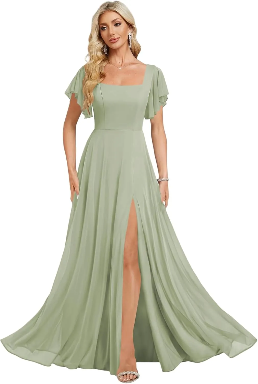 Square Neck Chiffon Long Bridesmaid Dresses with Slit Flutter Sleeve A-Line Formal Gowns for Women WO063