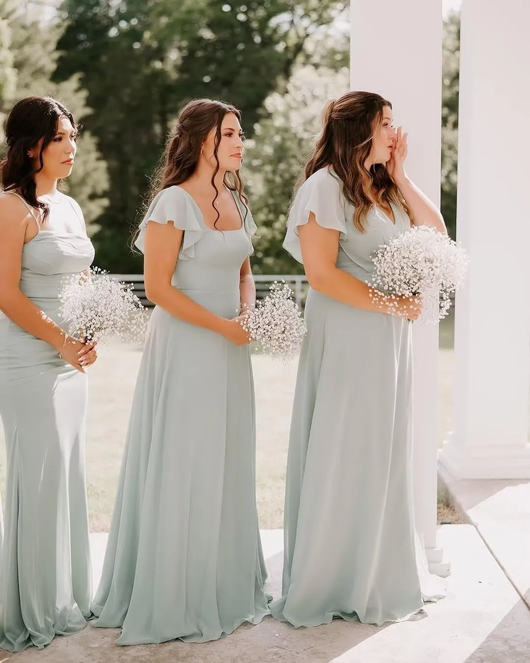 Square Neck Chiffon Long Bridesmaid Dresses with Slit Flutter Sleeve A-Line Formal Gowns for Women WO063